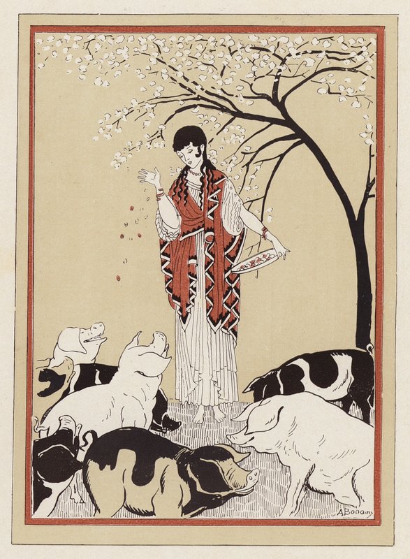 Circe mater kameratene til Odysseus etter å ha gjort dem til griser (farge litho) av Armand Joseph Bonamy