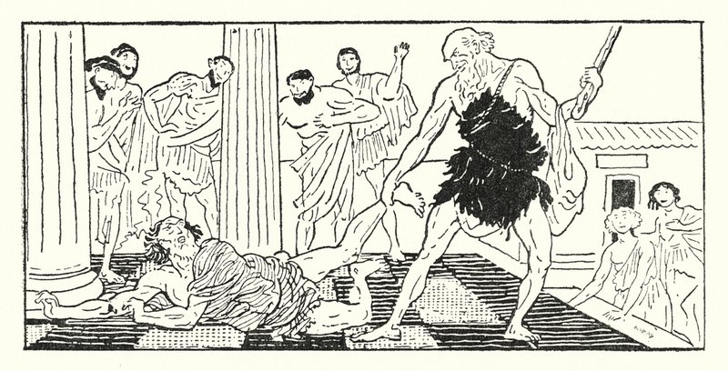 Odyssevs drar Irus ut av salen (litho) av Armand Joseph Bonamy