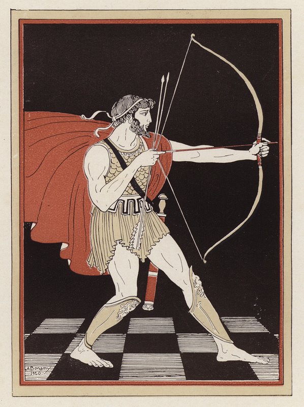 Odyssevs tegner buen sin (farge litho) av Armand Joseph Bonamy