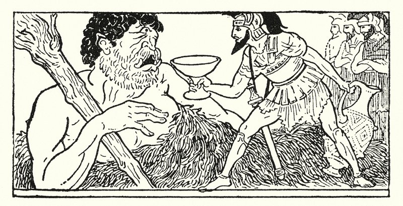Odyssevs tilbyr en kopp vin til giganten Polyphemus (litho) av Armand Joseph Bonamy