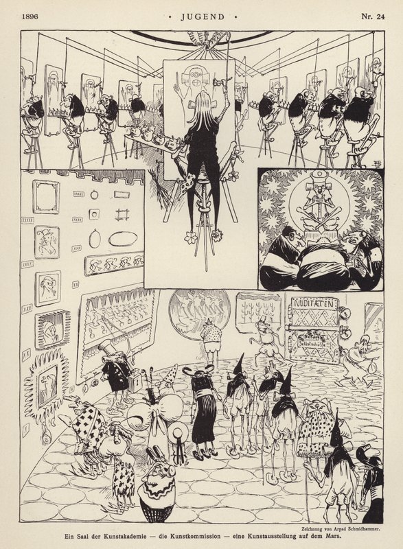 Et rom ved Kunstakademiet; kunstkommisjonen; en kunstutstilling på Mars (litho) av Arpad Schmidhammer