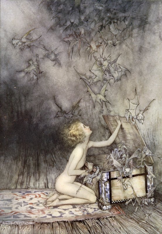 Åpning av Pandoras eske, scene fra A Wonder Book, av Nathaniel Hawthorne (farge litho) av Arthur (after) Rackham