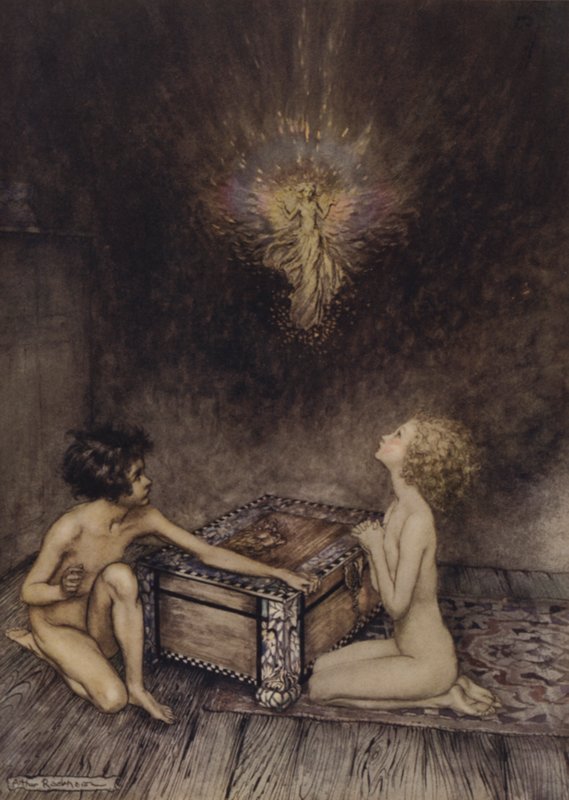 Pandora og Epimetheus, scene fra A Wonder Book, av Nathaniel Hawthorne (farge litho) av Arthur (after) Rackham