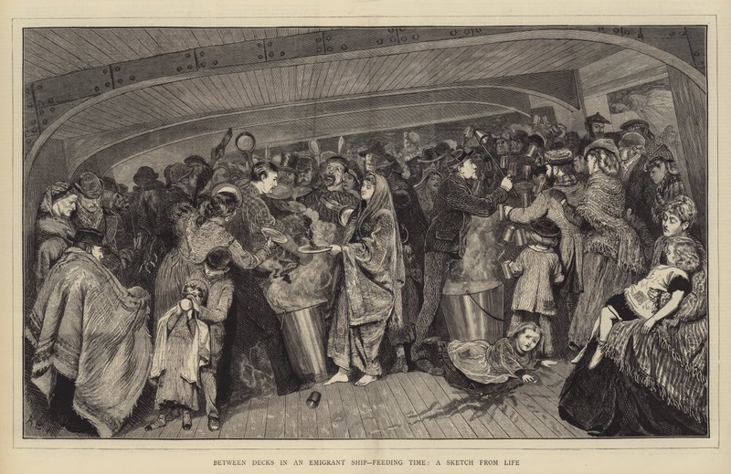 Mellom dekk i et emigrantskip, matetid, en skisse fra livet av Arthur Boyd Houghton