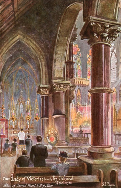 Our Lady of Victories, Kensington, London (farge litho) av Arthur Charles (after) Payne