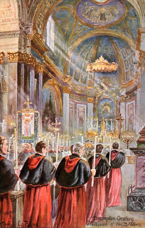 Prosesjon ved Brompton Oratory, London (farge litho) av Arthur Charles (after) Payne