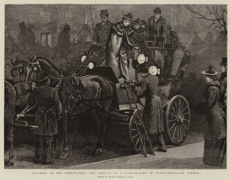 Coaching om vinteren, ankomsten av en Four-in-Hand i Northumberland Avenue av Arthur Hopkins