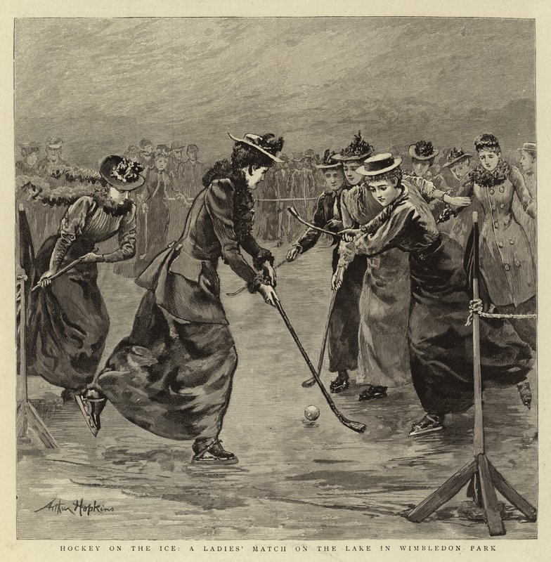 Hockey on the Ice, en damekamp på innsjøen i Wimbledon Park av Arthur Hopkins