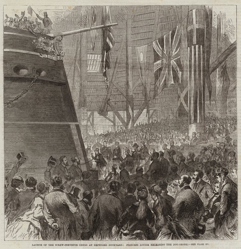 Lansering av Screw-Corvette Druid på Deptford Dockyard, Prinsesse Louise slipper Dog-Shore av Arthur Hopkins