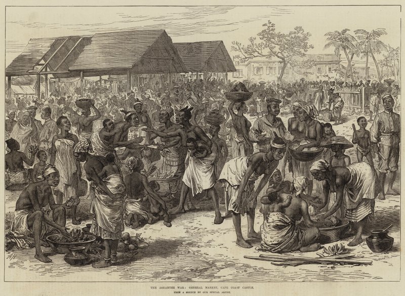 Ashantee-krigen, General Market, Cape Coast Castle av Arthur Hopkins