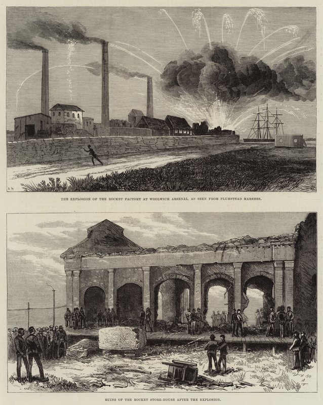Eksplosjonen av rakettfabrikken ved Woolwich Arsenal av Arthur Hopkins