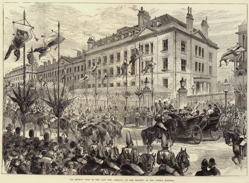 Dronningens besøk til East End, Hennes Majestets ankomst til London Hospital av Arthur Hopkins