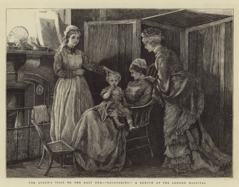 Dronningens besøk til East End, Recovering, en skisse ved London Hospital av Arthur Hopkins