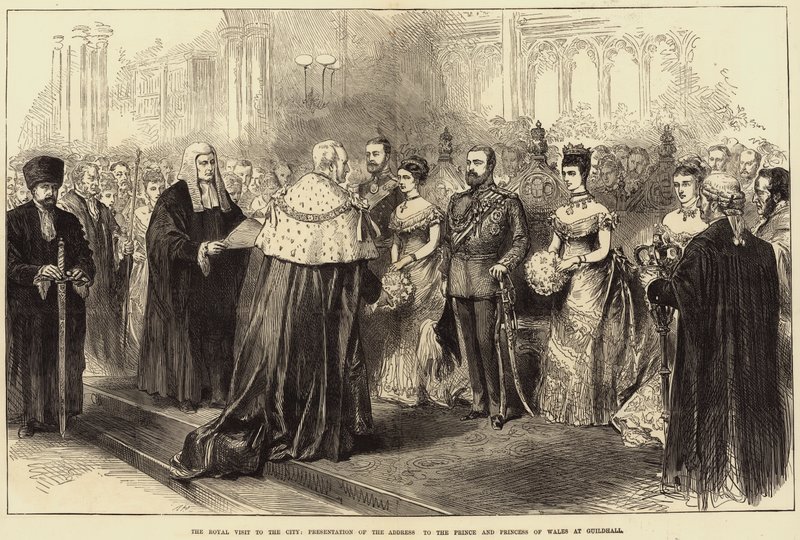 Det kongelige besøket i byen, presentasjon av adressen til prinsen og prinsessen av Wales i Guildhall av Arthur Hopkins