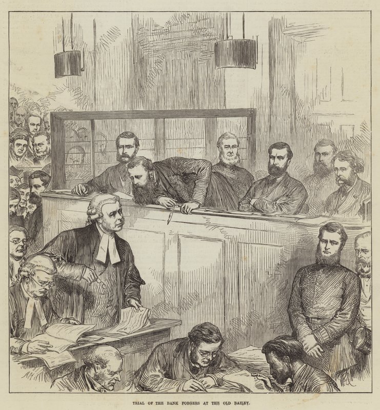 Rettssak mot bankforfalskerne ved Old Bailey av Arthur Hopkins