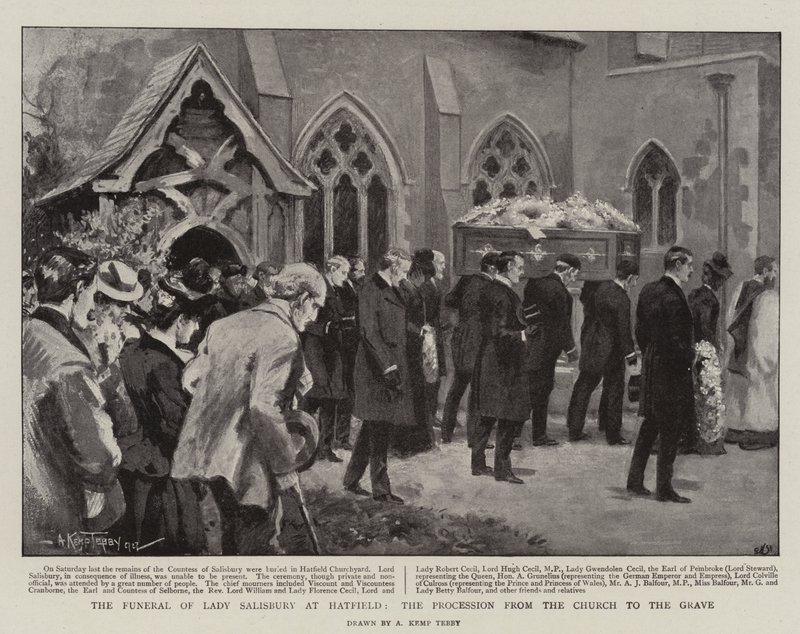 Begravelsen til Lady Salisbury på Hatfield, prosesjonen fra kirken til graven (litho) av Arthur Kemp Tebby
