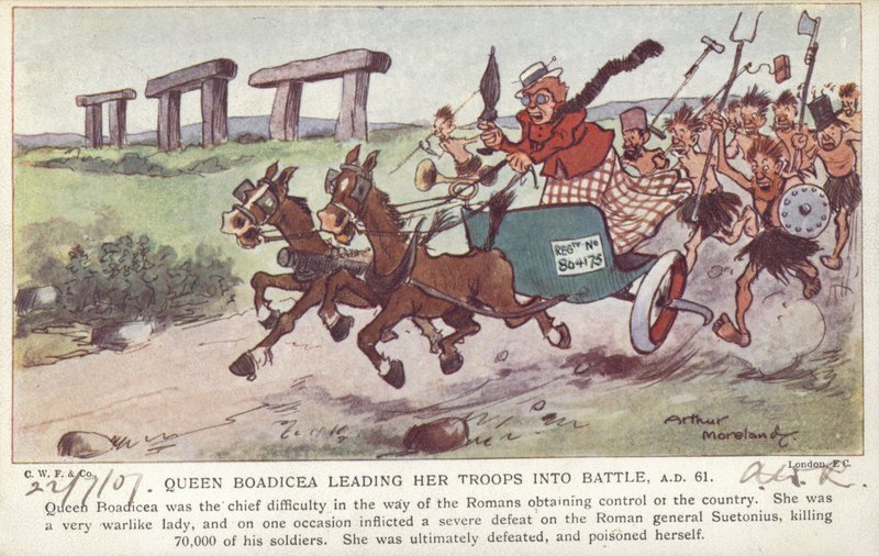 Dronning Boadicea leder troppene sine i kamp, år 61 e.Kr. (fargelitografi) av Arthur Moreland