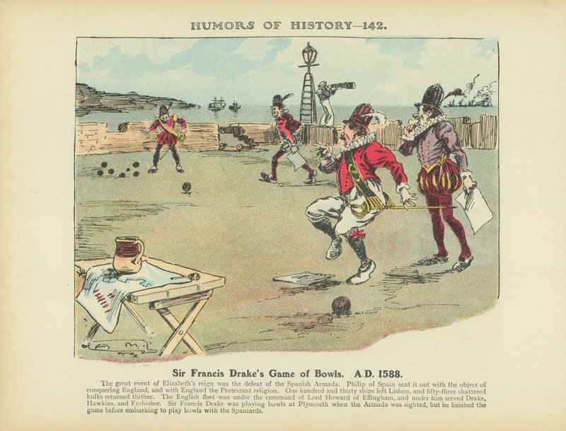 Sir Francis Drakes bowlingspill. 1588 e.Kr. (fargelitografi) av Arthur Moreland