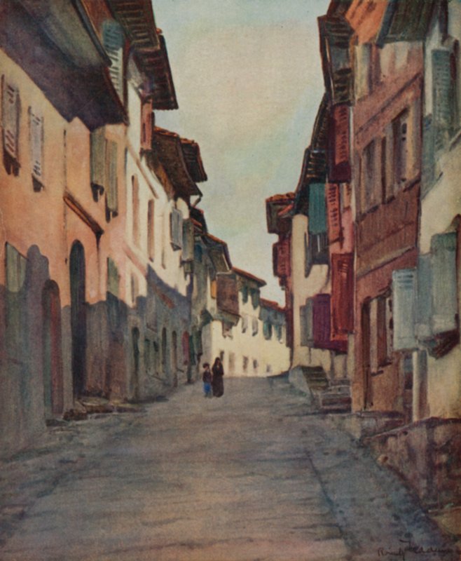 Baskerland: Gate i gamlebyen, St Jean-Pied-de-Port (farge litho) av Arthur Romilly Fedden