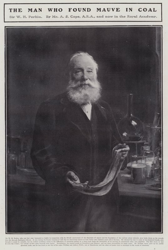 William Henry Perkin , engelsk kjemiker som oppdaget det første syntetiske organiske fargestoffet, mauveine (litho) av Arthur Stockdale Cope