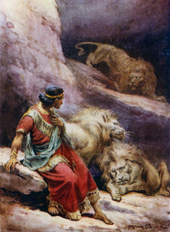 Daniel i løvehulen (farge litho) av Arthur Twidle