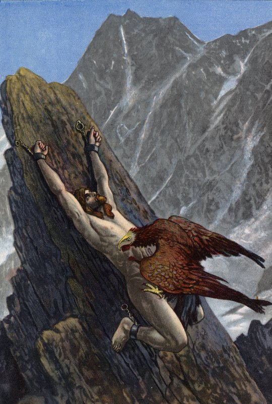 Ørn som sluker leveren til Prometheus, lenket til en stein av Zevs som straff for å ha stjålet ild fra gudene og gitt den til menneskeheten (farge litho) av Artus Scheiner