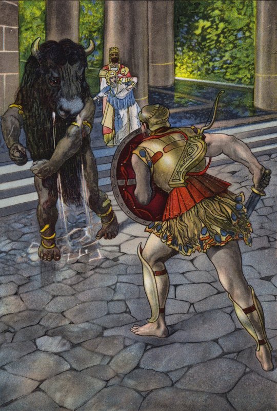 Herakles konfronterer Minotauren (farge litho) av Artus Scheiner