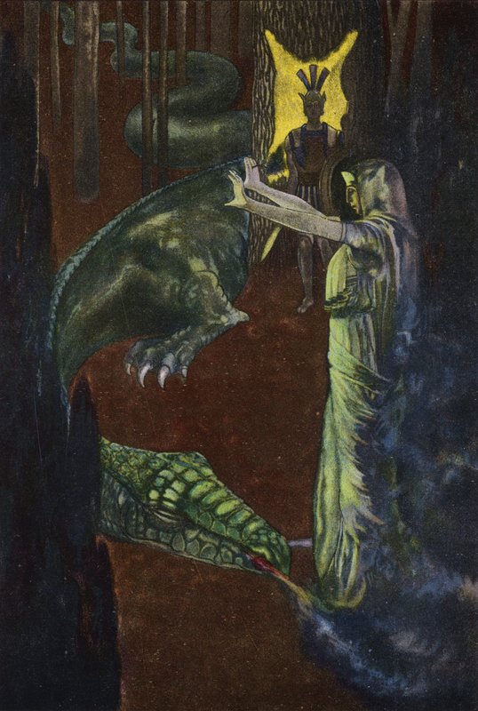 Jason ser på Medea legge dragen som vokter den gylne fleece i dvale (farge litho) av Artus Scheiner