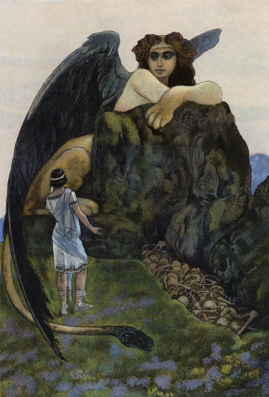 Ødipus og sfinksen (farge litho) av Artus Scheiner