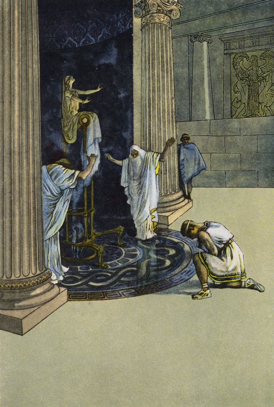 Orestes blir beordret av Apollo til å dra til Tauris og bringe statuen av Artemis til Athen (farge litho) av Artus Scheiner