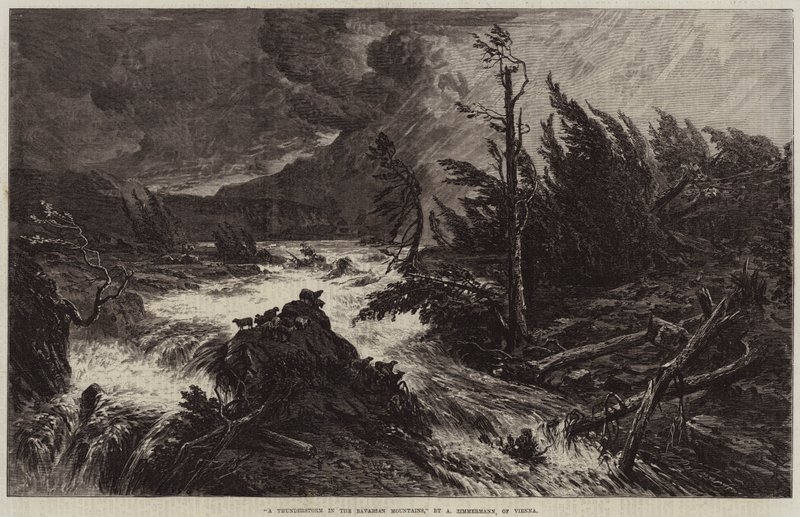 En tordenvær i de bayerske fjellene gravering av Albert August Zimmermann