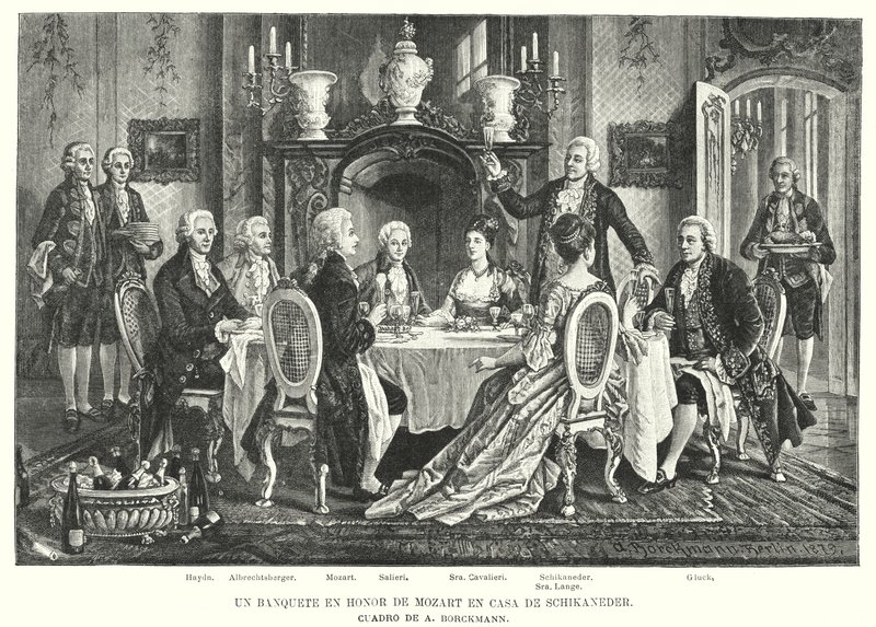 En bankett til ære for Mozart i Schikaneders hus (litho) av August (after) Borckmann