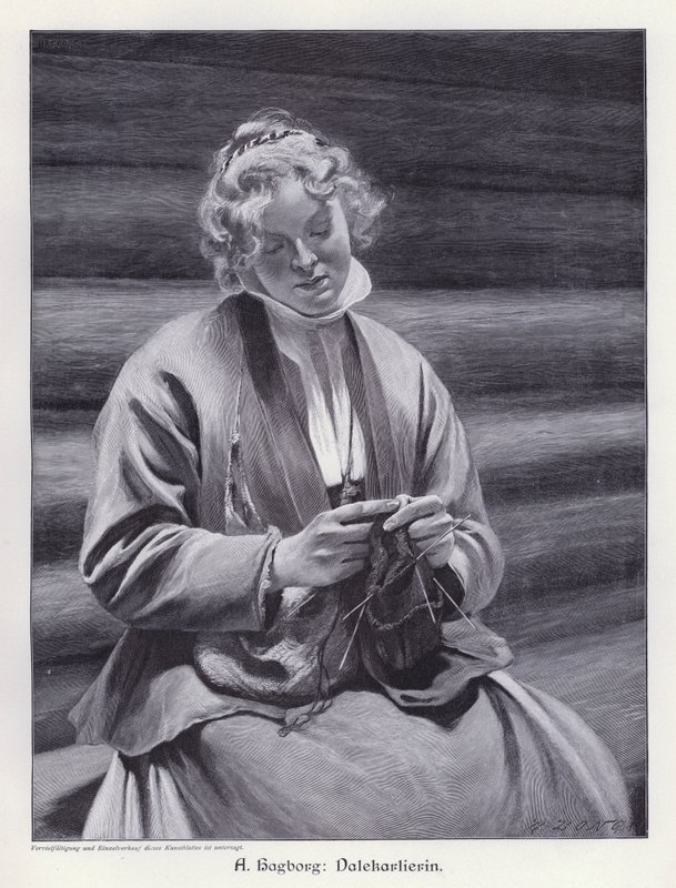 Portrett av en kvinne som strikker (gravering) av August Wilhelm Nikolaus Hagborg