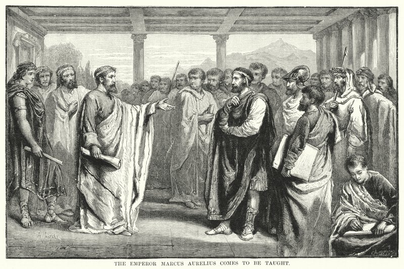 Keiser Marcus Aurelius kommer for å bli undervist (gravering) av Auguste Francois (after) Laby