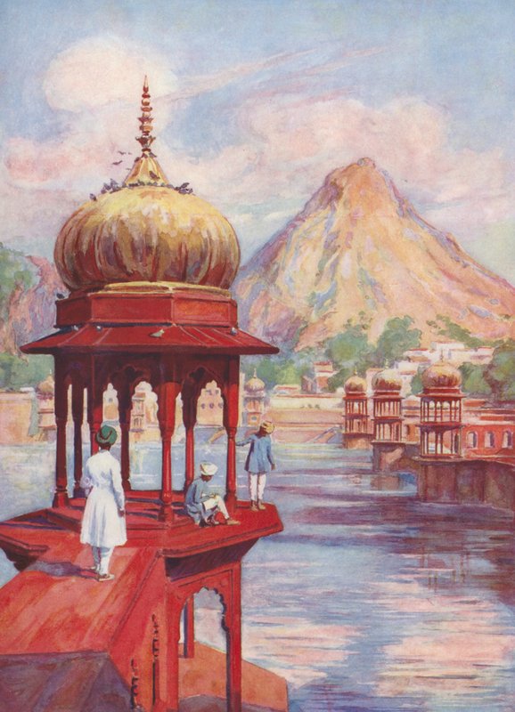 Den hellige dammen i Alwar, India (fargelitografi) av Auguste Gerardin