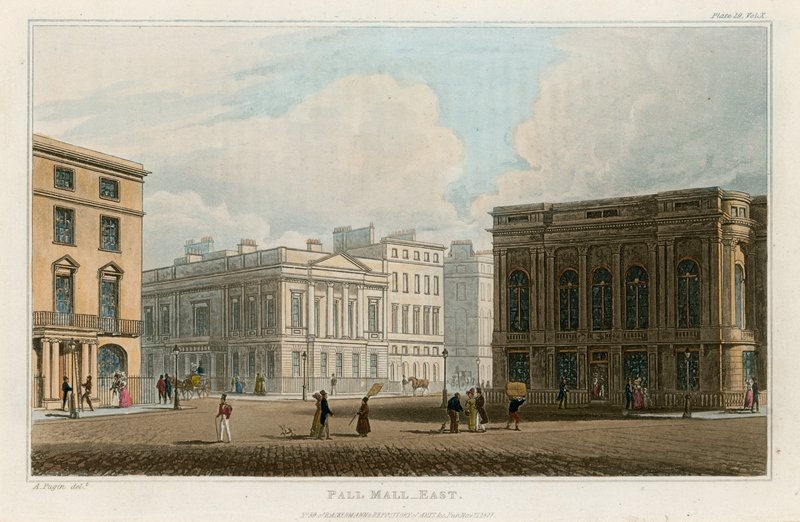 Pall Mall East, London av Augustus Charles Pugin