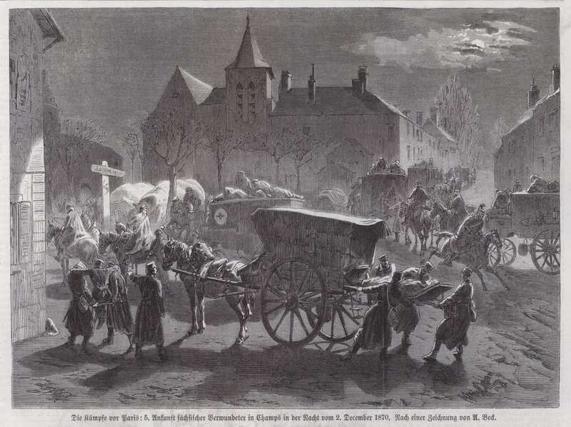 Ankomst av saksiske soldater såret i kampene utenfor Paris, fransk-prøyssisk krig, 2. desember 1870 (gravering) av Augustus J. Beck