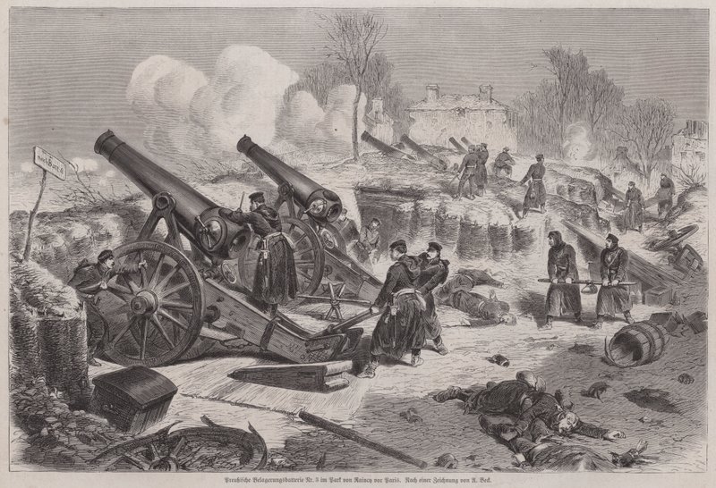 Preussisk beleiringsbatteri i parken Le Raincy under beleiringen av Paris, fransk-prøyssisk krig av Augustus J. Beck
