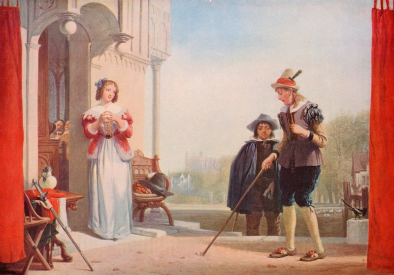 Shakespeare: Slender and Anne Page, The Marry Wives of Windsor, Act I, Scene 1 (farge litho) av Augustus Wall (after) Callcott