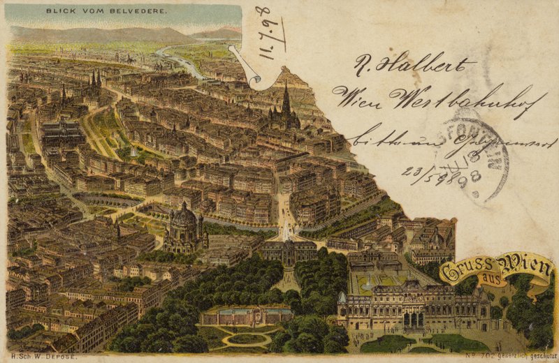 Postkort som viser en luftfoto av byen Wien av Austrian School