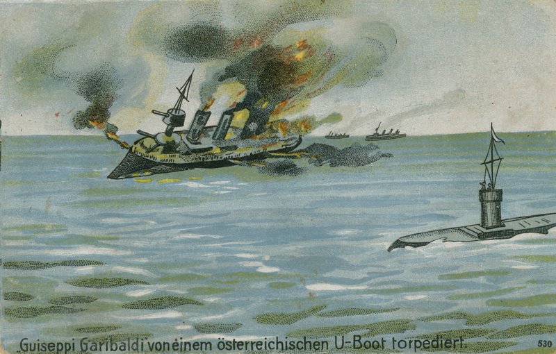 Senking av den italienske krysseren Giuseppe Garibaldi av den østerrikske ubåten U-4, første verdenskrig, 18. juli 1915 av Austrian School