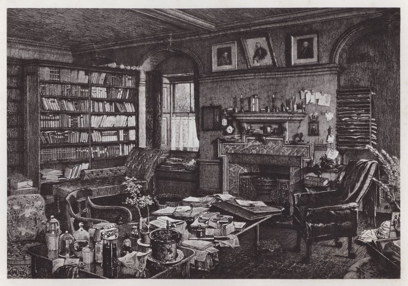 Charles Darwins studie ved Down House (litho) av Axel (after) Haig