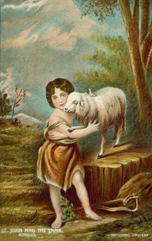 Spedbarnet Døperen Johannes og Lammet (farge litho) av Bartolome Esteban (after) Murillo