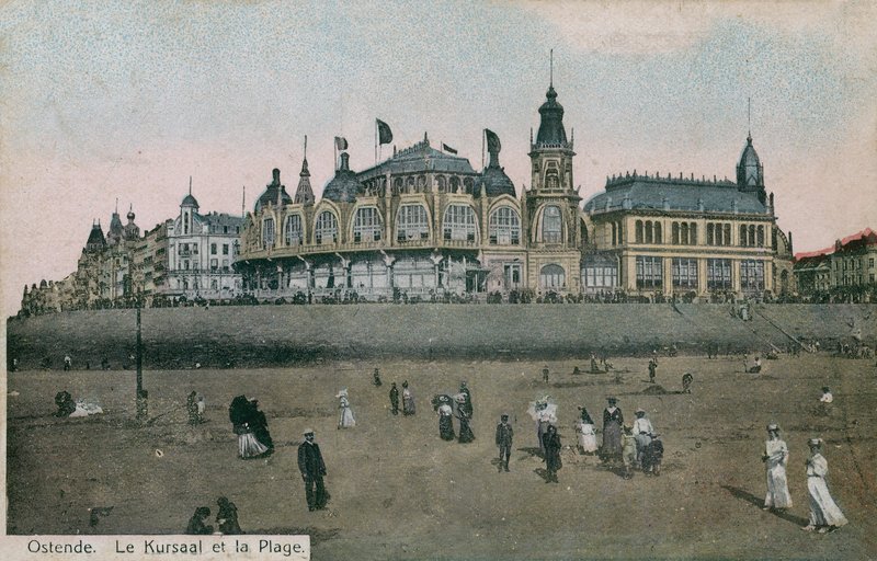 Le Kursaal og stranden i Oostende i Belgia. Postkort sendt i 1913. av Belgian Photographer