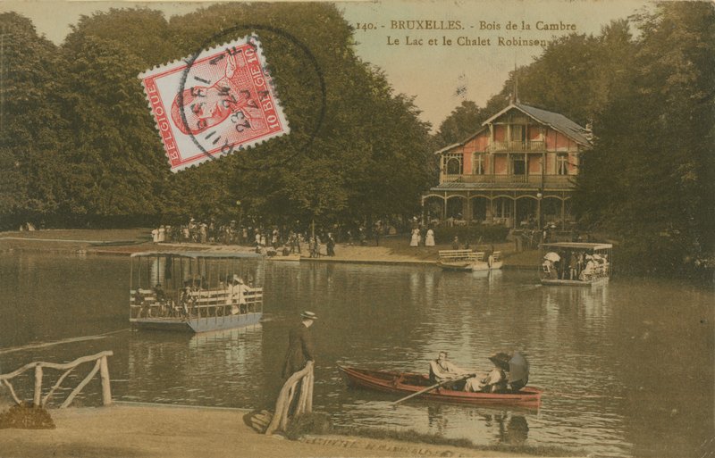 Innsjøen og Chalet Robinson, Bois de la Cambre, Brussel. Postkort sendt i 1913. av Belgian Photographer