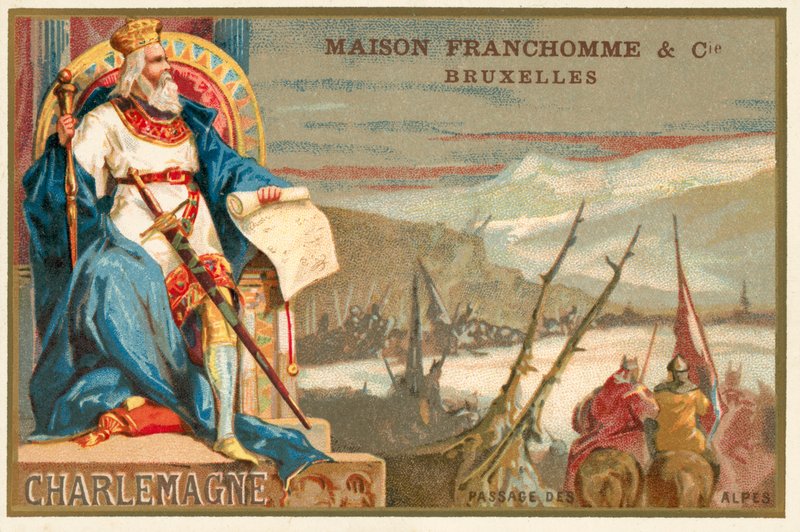 Karl den Store og krysset av Alpene (chromolitho) av Belgian School