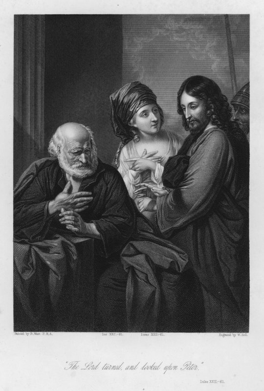 Peter denies Christ, Luke XXII, 61 (engraving) av Benjamin (after) West