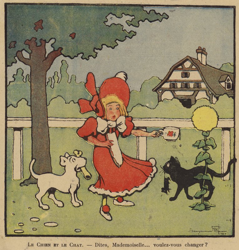 Tegneserie av en jente fanget mellom hunden hennes med et bein og katten hennes med en mus av Benjamin Rabier