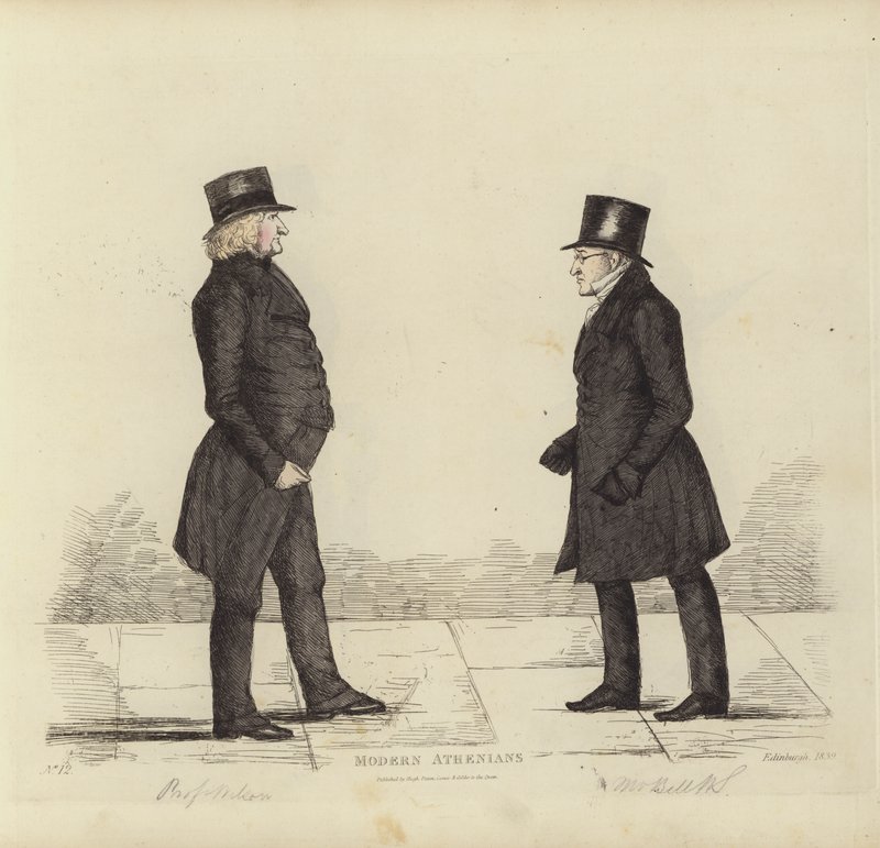 Eminente Edinburghians, aka Modern Athenians, John Wilson, Esq, professor i moralfilosofi, George Joseph Bell, Esq, professor i skotsk lov (farget gravering) av Benjamin William Crombie