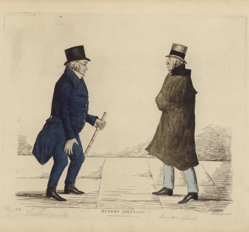 Eminente Edinburghians, også kjent som moderne athenere, generalløytnant George R Ainslie, Bindon Blood, Esq, of Cranacher (farget gravering) av Benjamin William Crombie